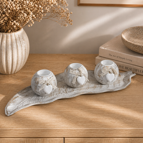 Whitewash Candle Holder With Leaf Tray