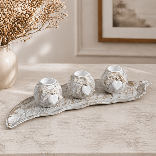 Whitewash Candle Holder With Leaf Tray