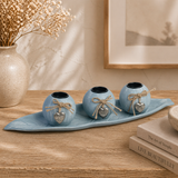 Sky Blue Candle Holder With Leaf Tray