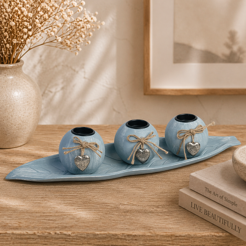 Sky Blue Candle Holder With Leaf Tray