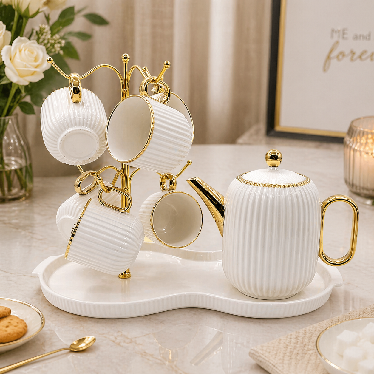 Royal Tea Set with Gold Accent & Cup Stand