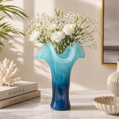 Azure Blue Wave Glass Vase