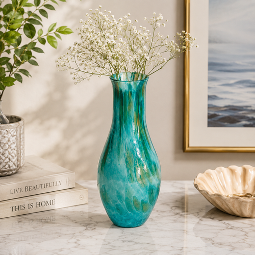 Elegant Turquoise & Gold Swirl Glass Vase