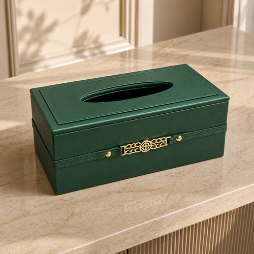 Luxury Emerald Green Tissue Box Cover with Gold Chain Emblem