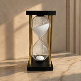 Modern Brass & Black Wood Hourglass Sand Timer – White Sand