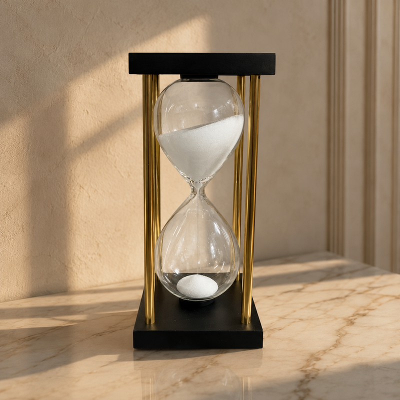 Modern Brass & Black Wood Hourglass Sand Timer – White Sand