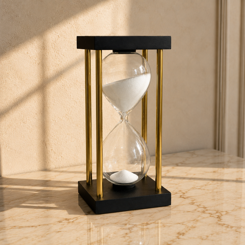 Modern Brass & Black Wood Hourglass Sand Timer – White Sand