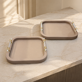 Luxe Faux Leather Decorative Serving Trays with Acrylic & Gold Handles Set of 2
