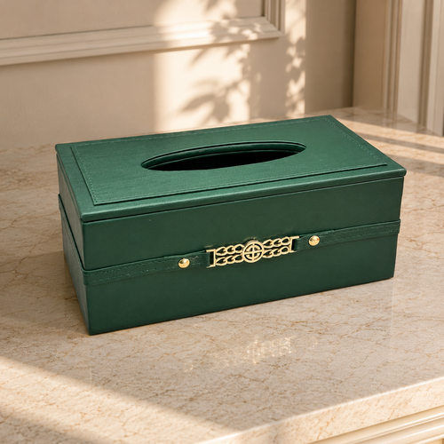 Luxury Emerald Green Tissue Box Cover with Gold Chain Emblem