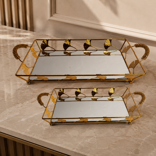Golden Ginkgo Leaf Mirrored Vanity & Serving Tray Set (Set of 2)