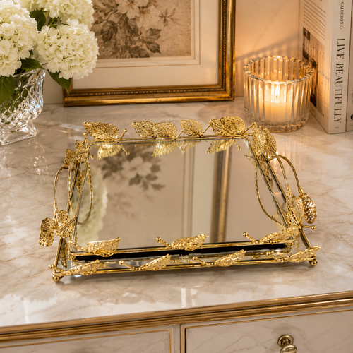 Imperial Gold Leaf Vanity Trays with Mirrored Bases Set of 2