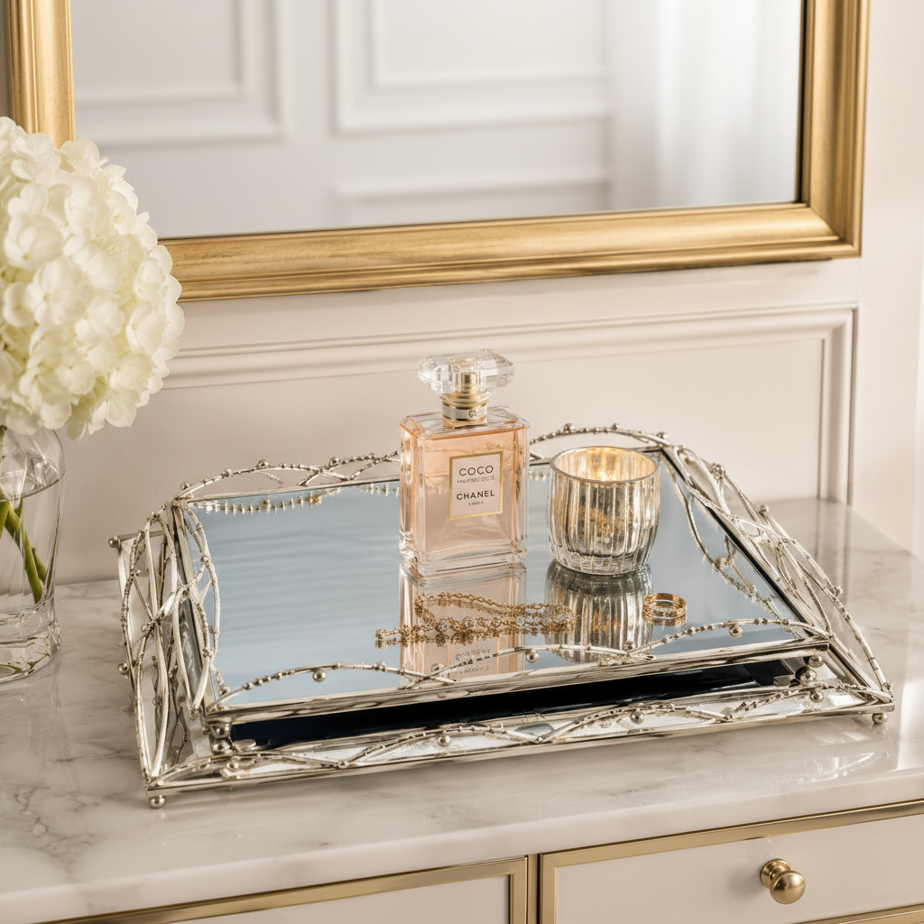 Modern Mirrored Serving Tray with Metal Frame Set of 2