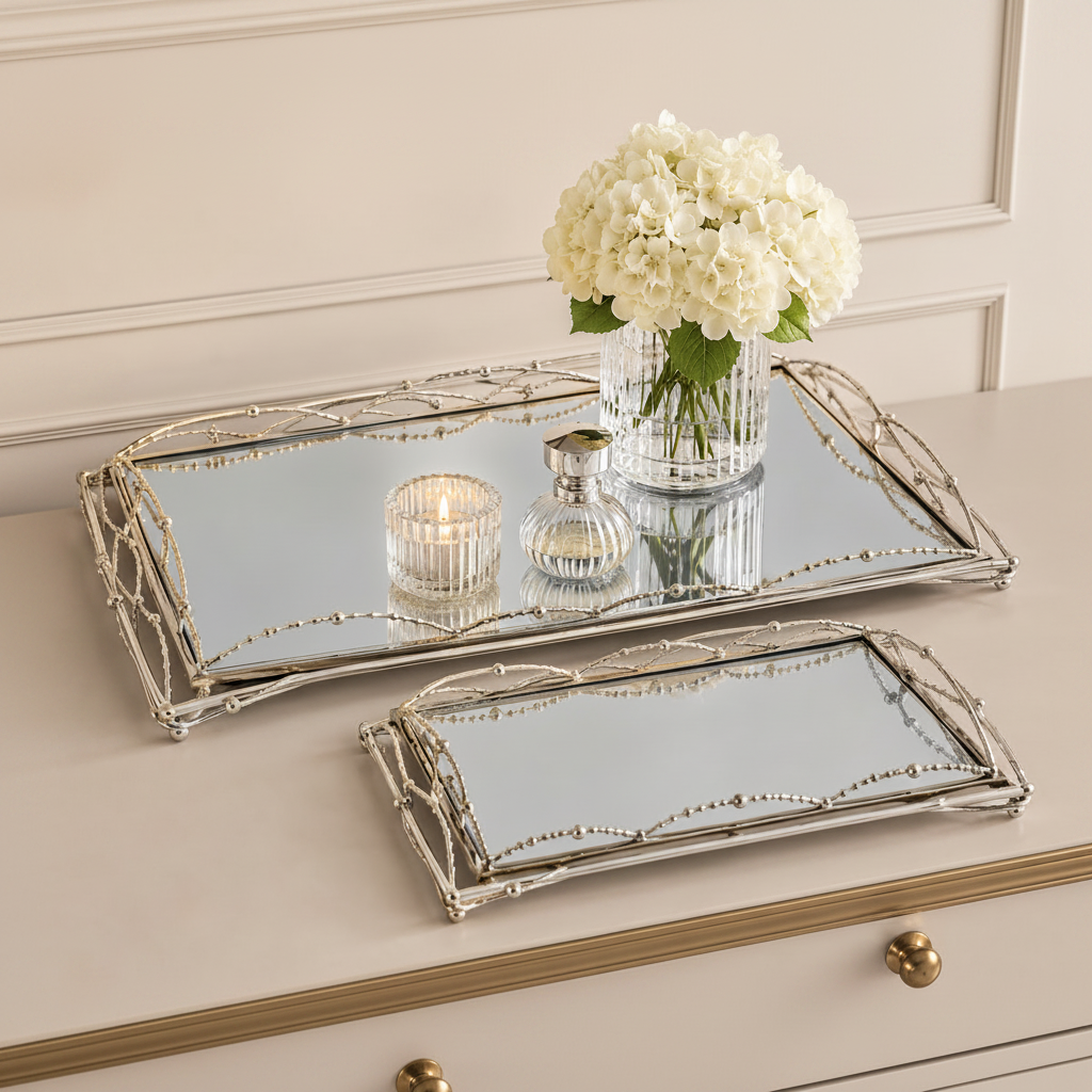 Modern Mirrored Serving Tray with Metal Frame Set of 2
