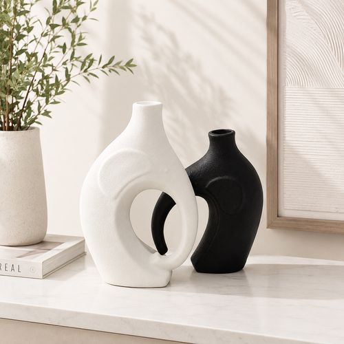 Modern Abstract Vase Set – Black & White Duo