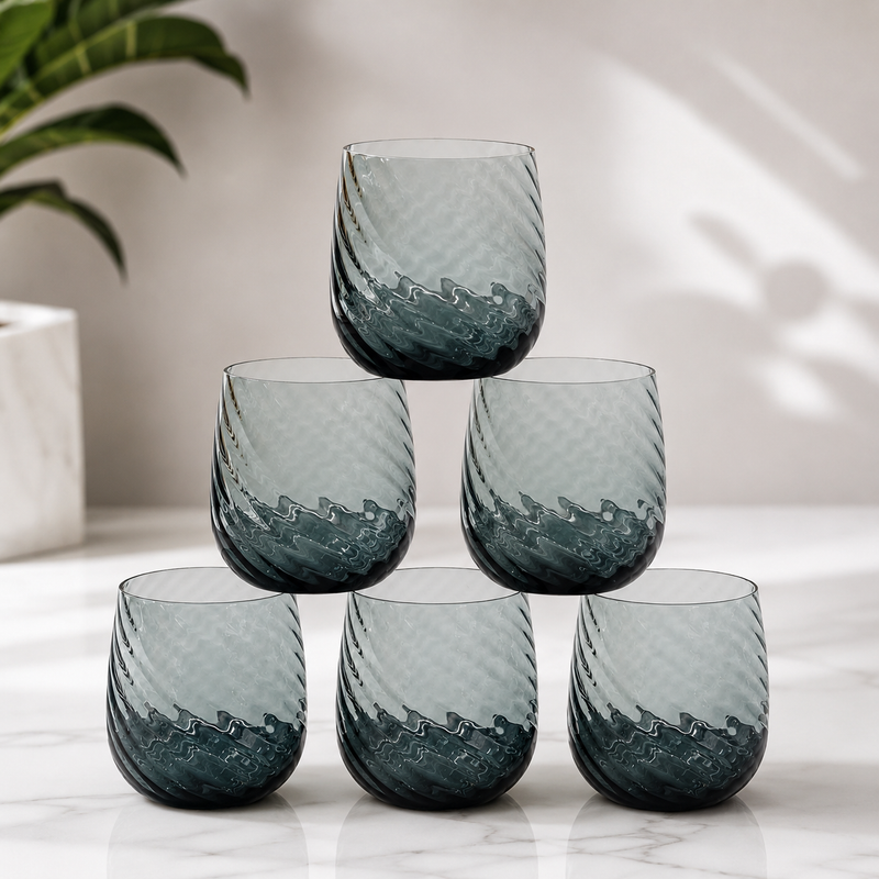 Smoky Blue Ribbed Glasses Set of 6