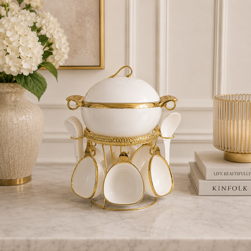 White & Gold Aura Ceramic Soup Serving Set