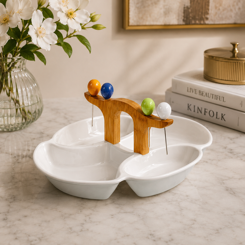 Multi-Compartment Serving Platter with Bamboo Handle & Skewers