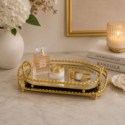 Elegant Metallic Gold Rope Mirror Tray Set of 2