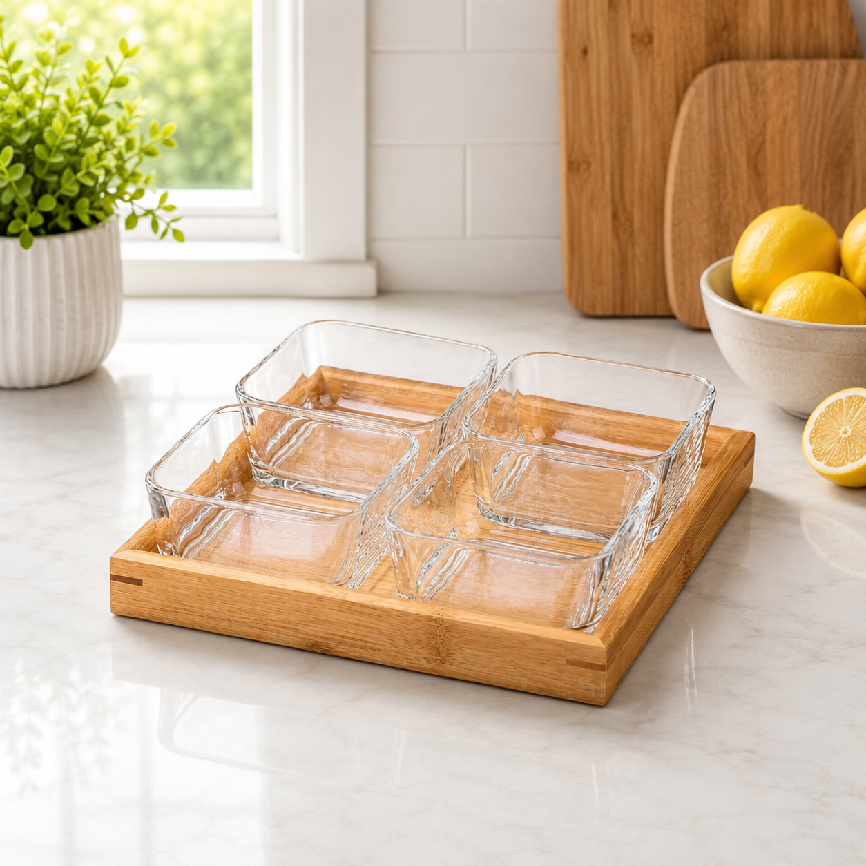 Elegant 4 Glass Bowls with Serving Tray