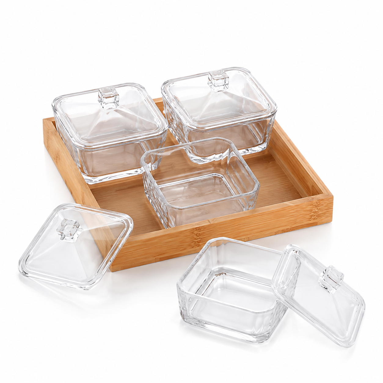 Elegant Glass Jar Set Container with Lids & Bamboo Tray
