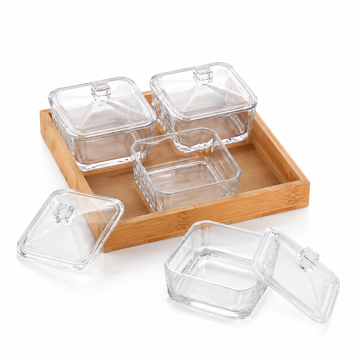 Elegant Glass Jar Set Container with Lids & Bamboo Tray
