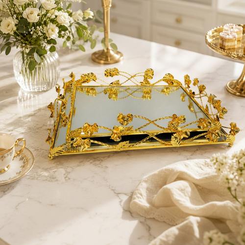 Elegant Gold Mirror Serving Tray Set of 2