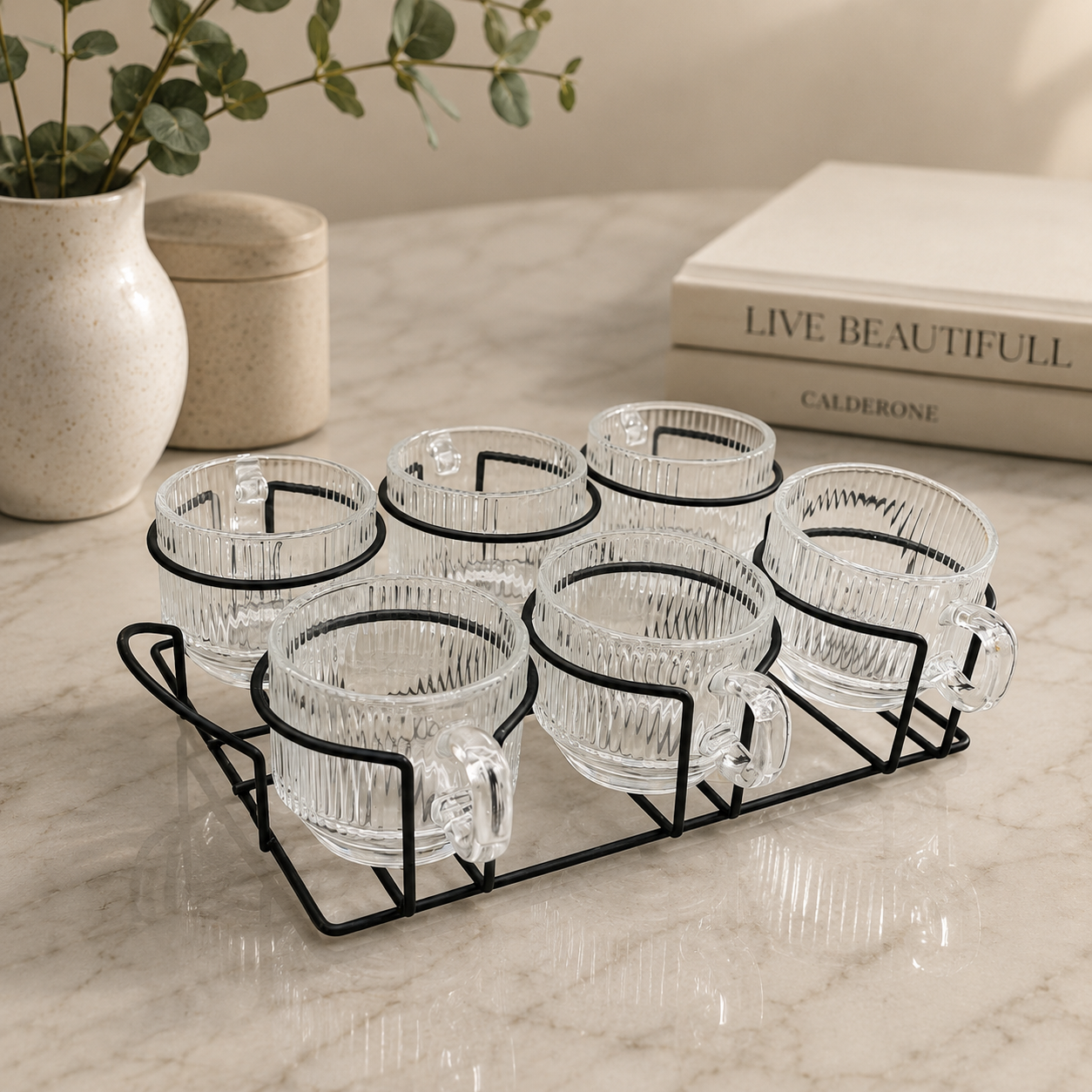 Fluted Glass Cup Set with Minimalist Tray