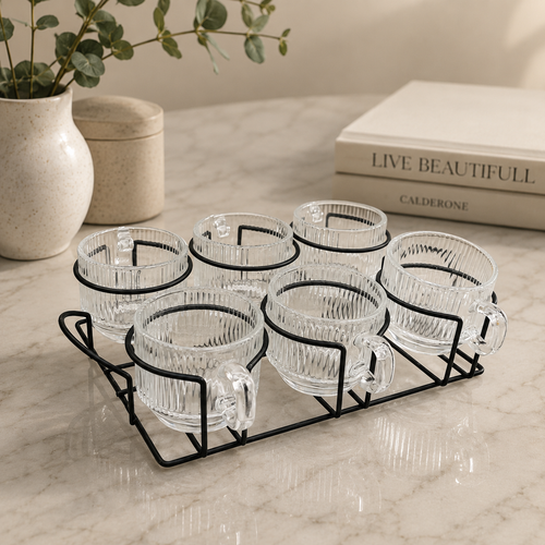 Fluted Glass Cup Set with Minimalist Tray