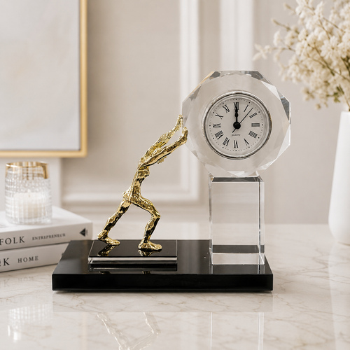 Titan’s Pursuit – Golden Figurine Crystal Desk Clock