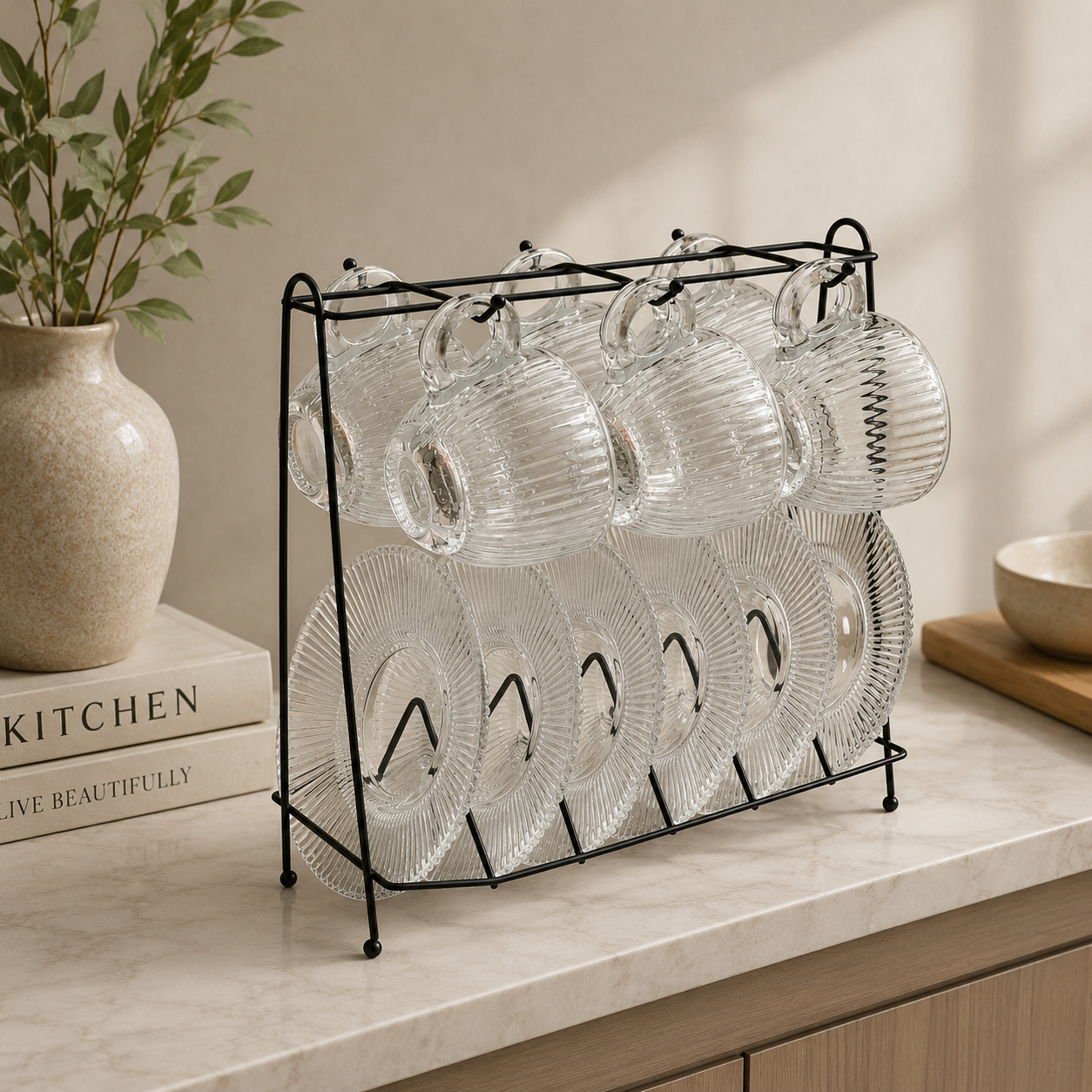 Elegant Fluted Glass Set with Display Rack