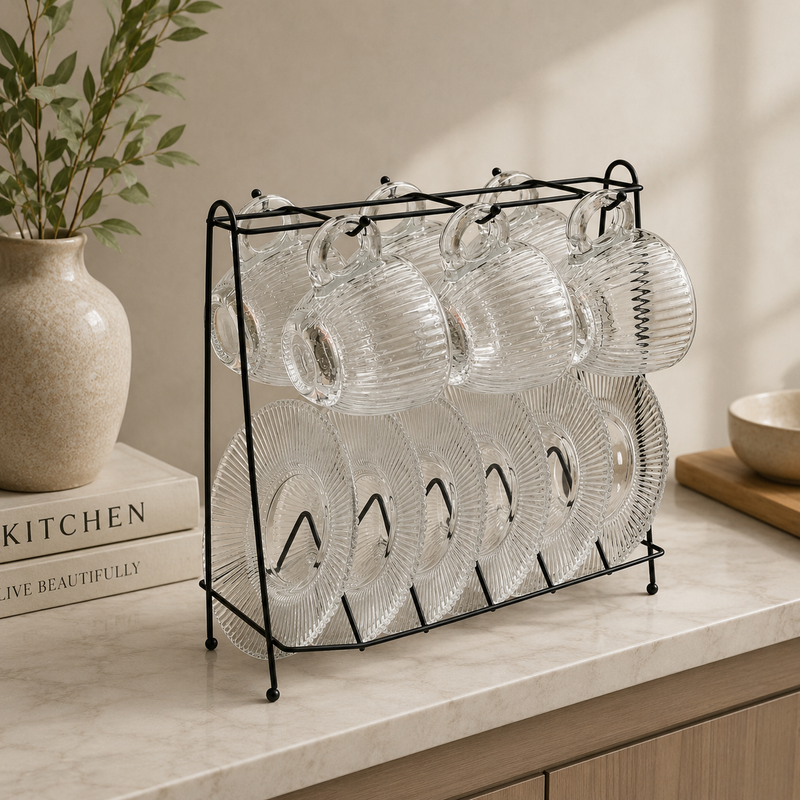 Elegant Fluted Glass Set with Display Rack