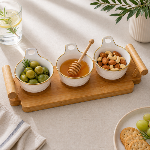 Elegant Ceramic Trio on Bamboo Tray