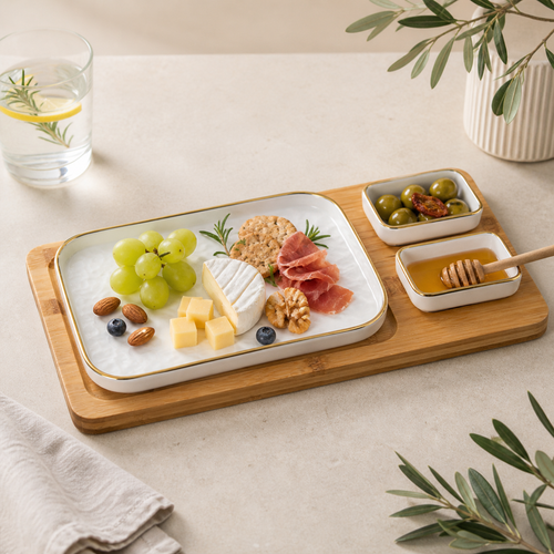 Gold-Rim Serving Platter Set with Bowls & Tray