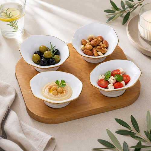 Gold-Edge Bowl Set with Serving Board