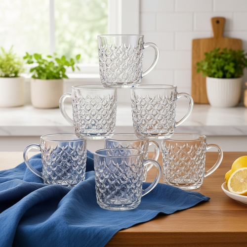 Geometric Textured Glass Mug Set of 6
