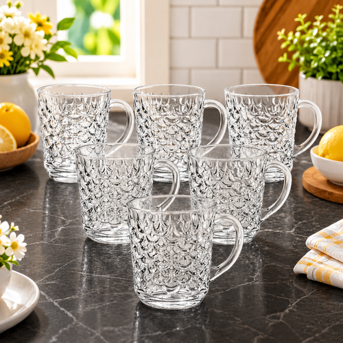 Geometric Textured Glass Mug Set of 6