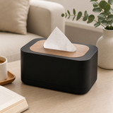 Modern Black Tissue Box Holder with Wooden Top