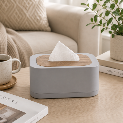 Modern Grey Tissue Box Holder with Wooden Top