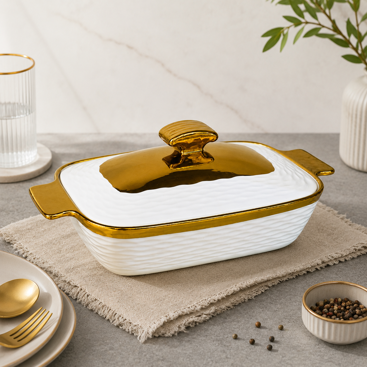Gold-Rim Casserole Dish Bowl with Lid & Handles