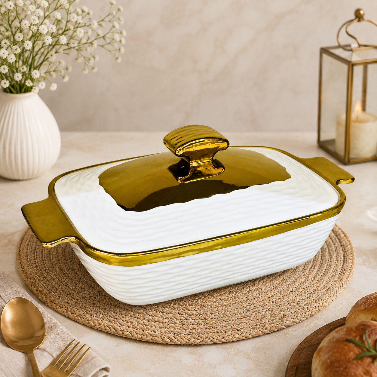 Gold-Rim Casserole Dish Bowl with Lid & Handles