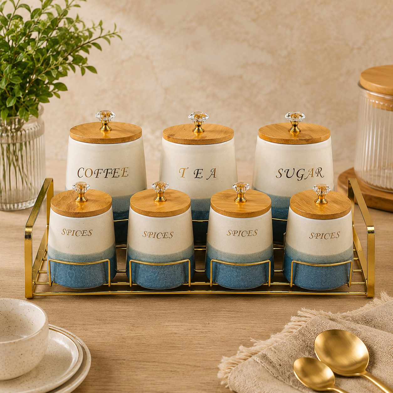 Luxury Kitchen Jar Set with Wooden Lids & Gold Stand