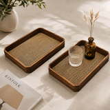 Rustic Rattan Wooden Serving Tray Set