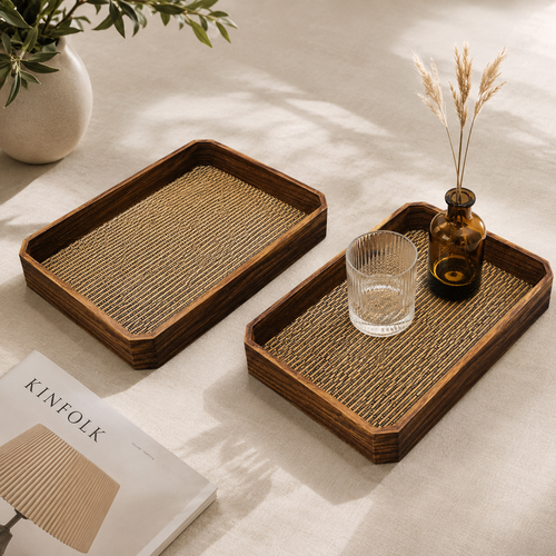 Rustic Rattan Wooden Serving Tray Set