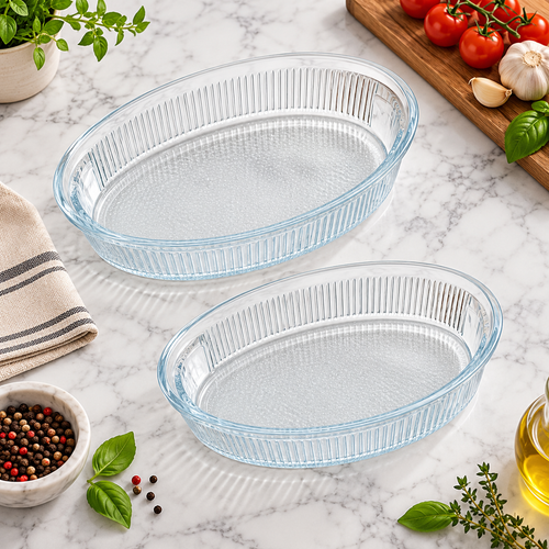Elegant Oval Fluted Glass Baking & Casserole Dish 2 Piece Set