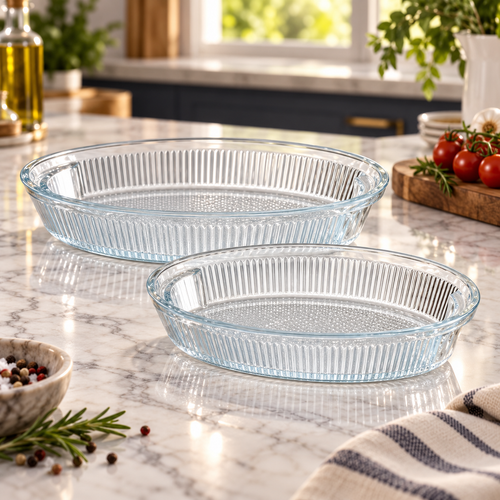 Elegant Oval Fluted Glass Baking & Casserole Dish 2 Piece Set