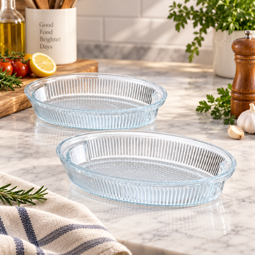 Elegant Oval Fluted Glass Baking & Casserole Dish 2 Piece Set