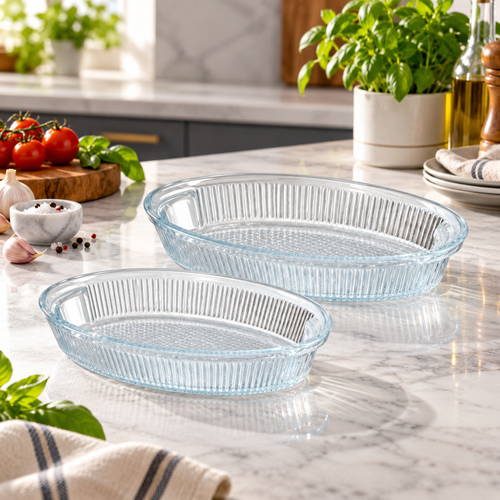Elegant Oval Fluted Glass Baking & Casserole Dish 2 Piece Set