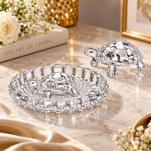 Crystal Glass Tortoise with Beaded Dish Plate Set