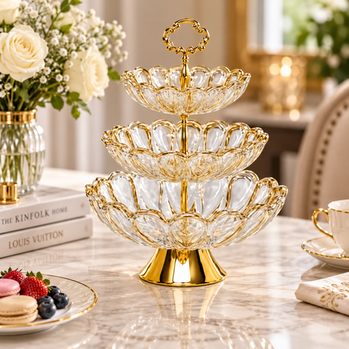Modern Scalloped Glass Serving Tray with Gold Metal Stand