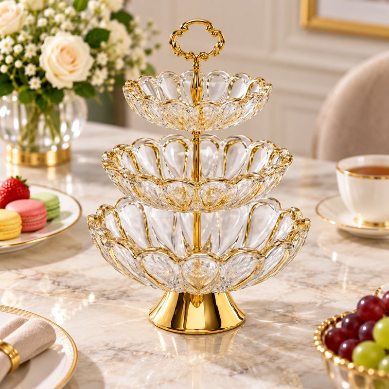 Modern Scalloped Glass Serving Tray with Gold Metal Stand